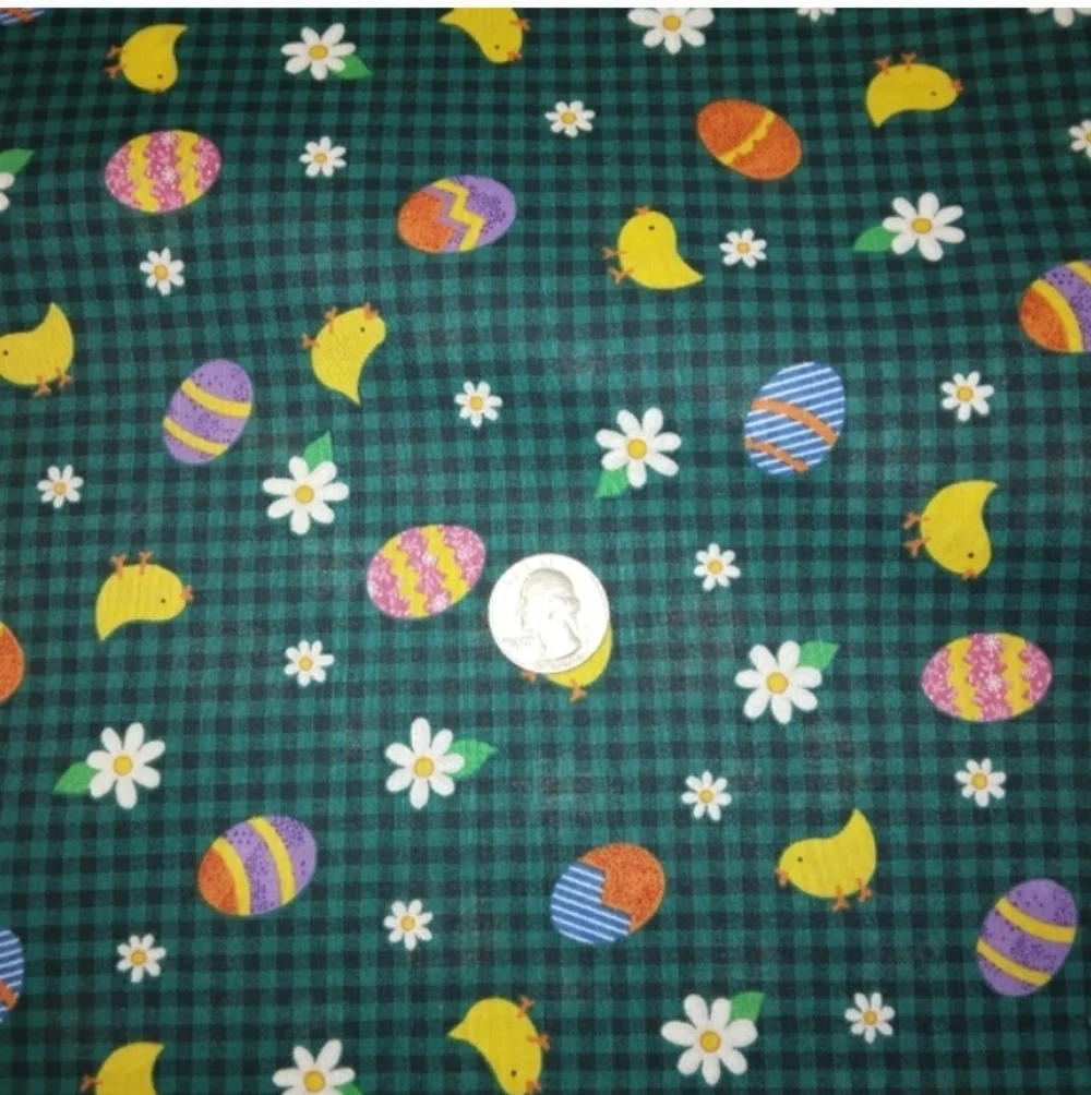 FABRIC 100% cotton Easter eggs chicks and daisies on green & black Gingham 5yds